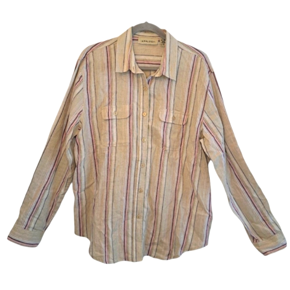 Analogy Linen Blend Striped Button Down Shirt Size XL